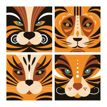 Set of Tigers in flat style designのイラスト素材