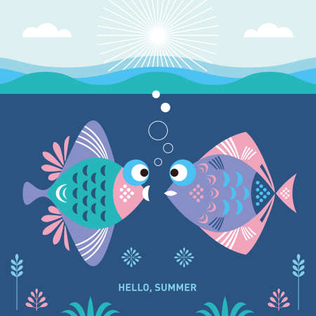 Two fishes in the blue sea. Vector illustration, banner, poster, card templateのイラスト素材
