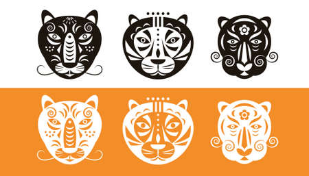 Tiger logo design set, black and white tigers facesのイラスト素材