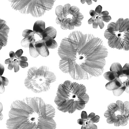 Seamless floral  pattern, black and white hand drawn, abstract flowersの写真素材