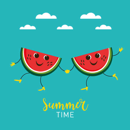 Two funny pieces of Watermelon on the beach. Summer time. Hello summer, card designのイラスト素材