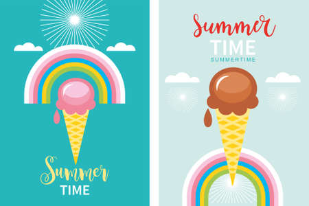 Summer time banners concept, ice cream cone and rainbow, color vector illustration. Hello summerのイラスト素材