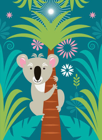 Koala on the palm tree. Jungle, trropical , rainforest. Vector illustration. Card, poster designのイラスト素材