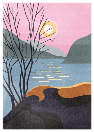 Stylized landscape in flat minimalist style. Art print, posterの写真素材