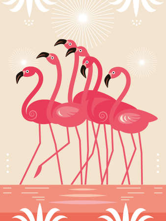 Pink Flamingo on the sea , flock of birds . Cartoon vector illustration, poster, art print .のイラスト素材