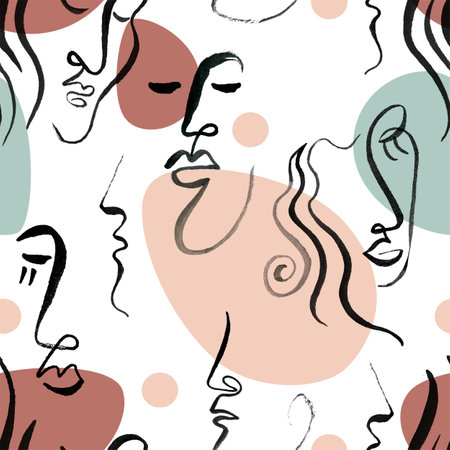 Seamless pattern with abstract portraits .Portret minimalistic style, sketches, doodlesの写真素材
