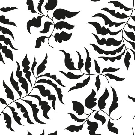 Black and white floral pattern, seamless vector. Leaves, branchesのイラスト素材
