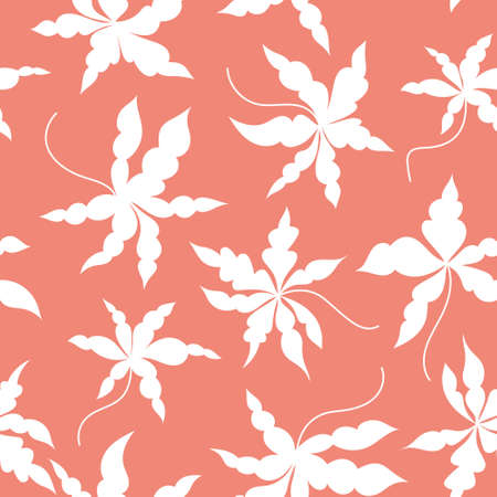 Seamless floral pattern, white leaves on pinkのイラスト素材