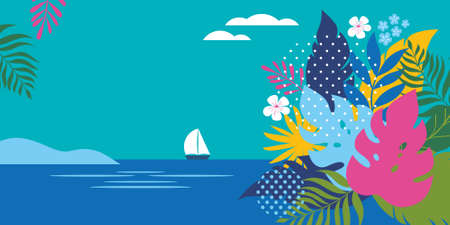 Horizontal banner with jungle exotic leaves. Cartoon vector illustration, banner, art print. Hello summer bright backgroundのイラスト素材