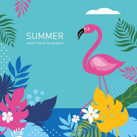 Poster with jungle exotic leaves and flamingo. Cartoon vector illustration, banner, art print. Hello summer bright backgroundのイラスト素材