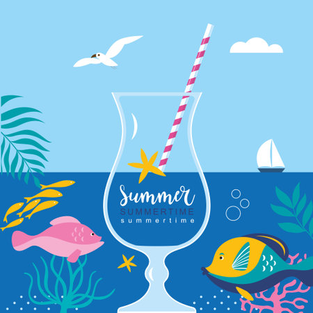 Summer illustration with cocktail glass and blue sea, colors fishes, seaweed, marine life. Sailing ship on the horizonのイラスト素材