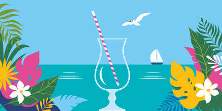 Horizontal banner with jungle exotic leaves. Sea landscape, seagull. Cartoon vector illustration, banner, art print. Hello summer bright backgroundのイラスト素材