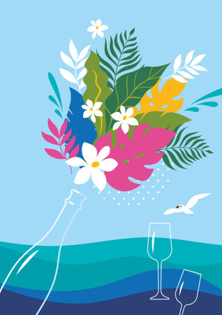Bottle champagne with bouquet of flowers, blue sea, summer time, holiday, happinessのイラスト素材