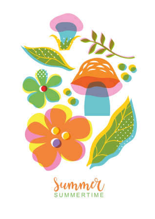Leaves, mushrooms and flowers on white background. Cartoon vector set.のイラスト素材