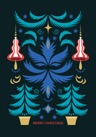 Christmas Greeting card design. Stylized Christmas fir tree and decorative elements. Merry Christmas. Seasons Greetings.のイラスト素材