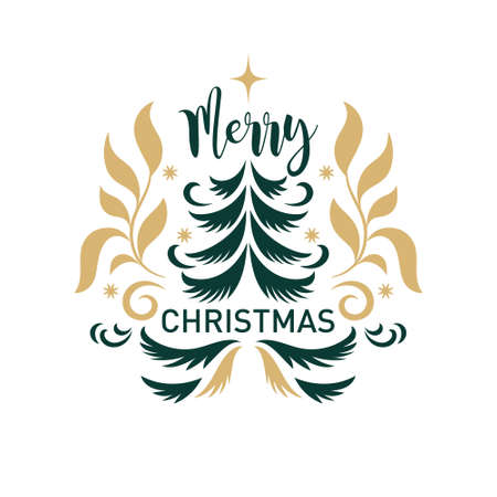 Christmas Greeting card design. Stylized fir tree and ornamental elements. Happy New Year. Merry Christmas. Seasons Greetings.のイラスト素材