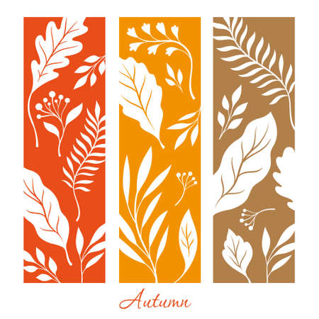 Three color vertical banners with white silhouette of autumn leavesのイラスト素材