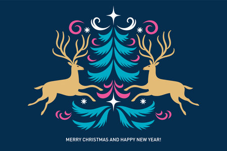 Christmas Greeting card design. Stylized raindeer, fir tree and decorative elements, ornament. Happy New Year. Merry Christmas. Seasons Greetings.のイラスト素材