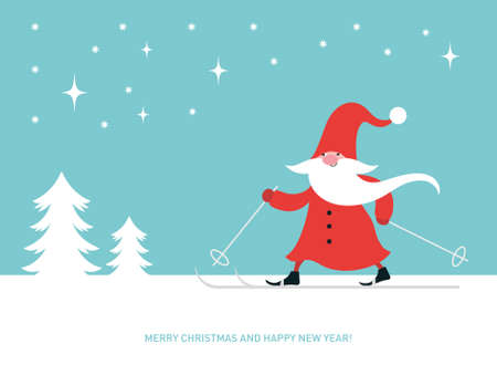Christmas card with cute gnome ski. Happy New Year. Merry Christmas.のイラスト素材