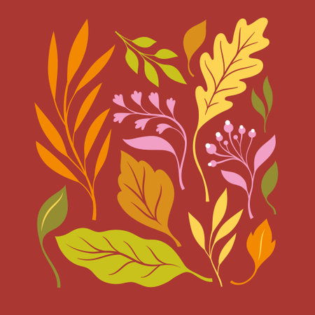 Atumnal leaves, vector illustration. Card design with yellow, orange, red autumnal leaves. Autumn themesのイラスト素材