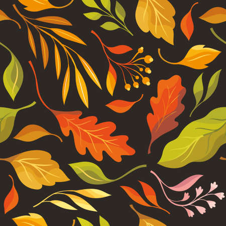 Autumn leaves, seamless illustration on black background. Oak leaves, maple leaf falling. Vector pattern, fabric designのイラスト素材