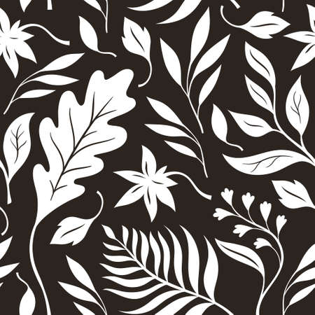 Atumn leaves, black and white seamless illustration. Vector pattern, fabric designのイラスト素材