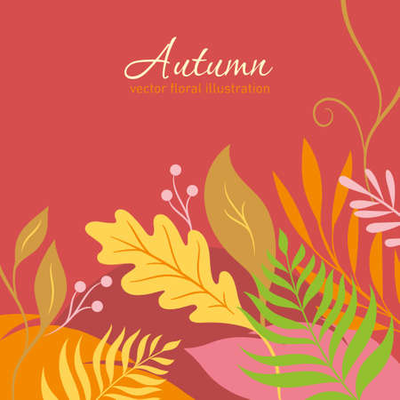 Atumnal leaves, vector illustration. Design has a place for a text on top. Banner with yellow, orange, red autumnal leaves. Design of autumn themesのイラスト素材