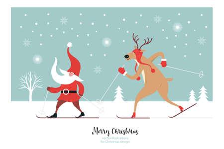 Cute Christmas Gnome and Christmas Deer ski.のイラスト素材