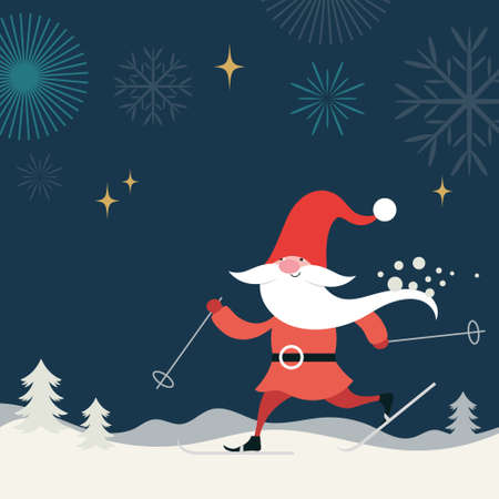 Cute Gnome ski. Christmas greeting card. Happy New Year. Merry Christmas. Seasons Greetings.のイラスト素材
