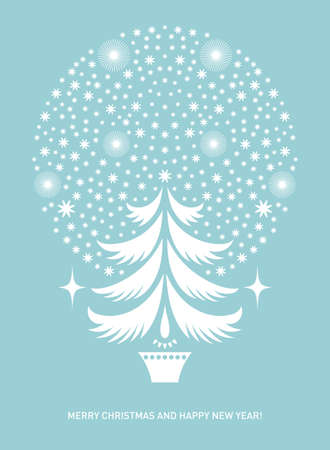 Christmas card, stylized fir tree and snowflakes. Blue background.のイラスト素材