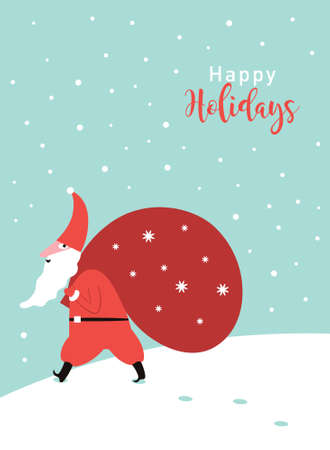 Santa Claus carrying a big sack of gifts. Santa walking in the snowのイラスト素材