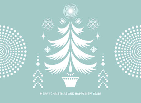 Christmas card, stylized fir tree and snowflakes. Blue background.のイラスト素材