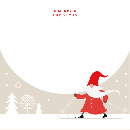 Cute Gnome ski.Christmas banner with place for your text. Christmas greeting card. Happy New Year. Merry Christmas. Seasons Greetings.のイラスト素材