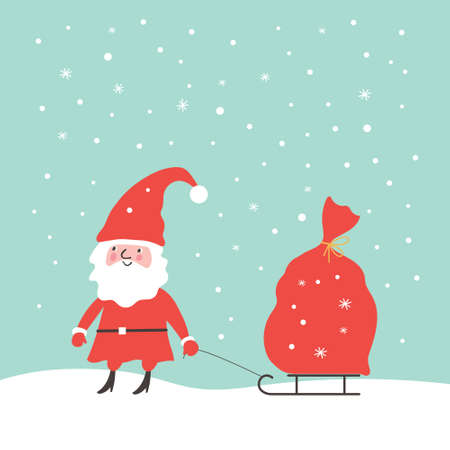 Santa Claus carrying a big red sack of gifts on sledのイラスト素材