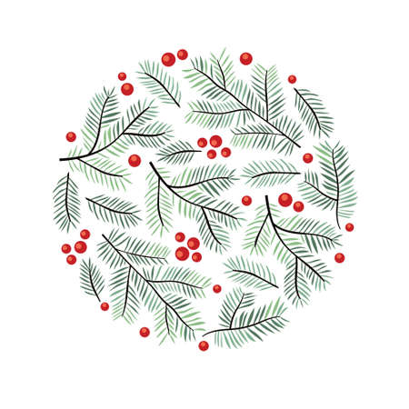 Hand drawn Christmas branches in round frame on white backgroundのイラスト素材