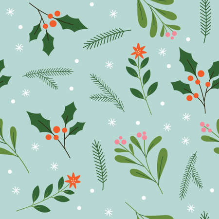 Seamless pattern with holly and fir branches. Christmas and new year themeのイラスト素材
