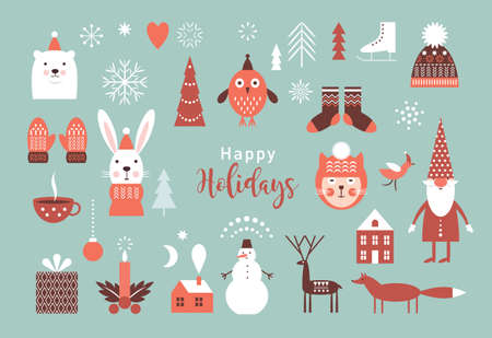 Set of Christmas illustrations, design elements. Big vector collection of xmas elementsのイラスト素材