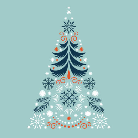 Christmas card. Stylized christmas tree with snowflakesのイラスト素材