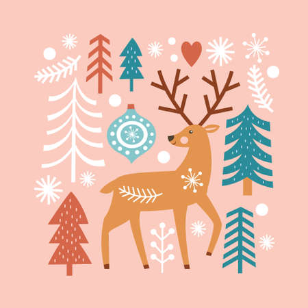 Christmas seamless illustrations. Cute deer, christmas trees, fir branches, snowflakesのイラスト素材