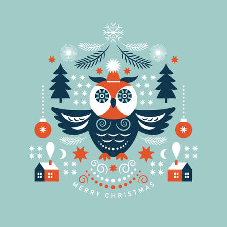Owl with snowflakes and design elements. Christmas and New Year themeのイラスト素材