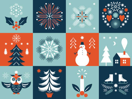 Set of Christmas illustrations in square, design elements. Vector collection of xmas elementsのイラスト素材