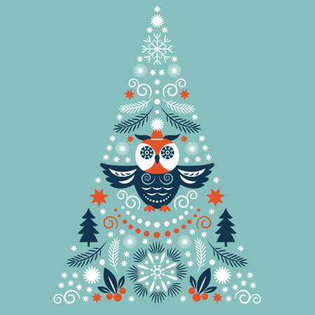 Christmas card. Stylized christmas tree with snowflakes and owlのイラスト素材