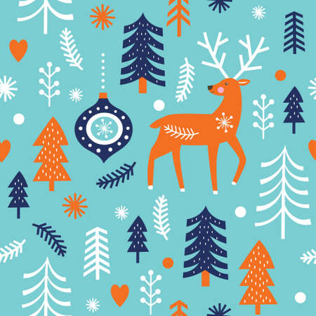 Christmas seamless illustrations. Cute deer, christmas trees, fir branches, snowflakesのイラスト素材