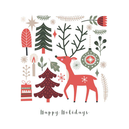 Christmas seamless illustrations. Car with xmas tree, fir branches, snowflakes, toyのイラスト素材