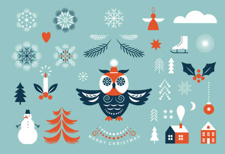 Set of Christmas illustrations, design elements. Vector collection of xmas elementsのイラスト素材