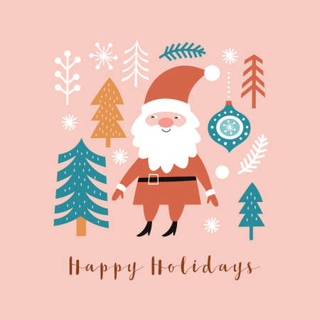 Santa Claus and Christmas trees. Christmas illustration, greeting card designのイラスト素材