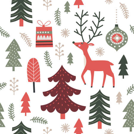Christmas seamless pattern. Cute deer, christmas trees, fir branches, snowflakesのイラスト素材