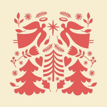 Christmas card. Christmas illustration with silhouette of flying angels, trees and decorative elements. One color imageのイラスト素材
