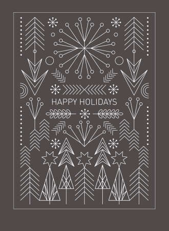 Christmas card. Stylized christmas trees, snowflakes and decorative elements in lines. Geometric style, modern designのイラスト素材