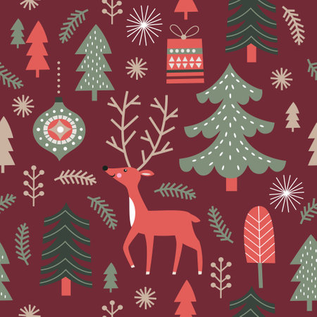 Christmas seamless pattern. Cute deer, christmas trees, fir branches, snowflakesのイラスト素材